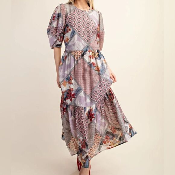 Gigio USA Women’s Patchwork Puff Sleeve Midi Dress Small NWT - Picture 1 of 14